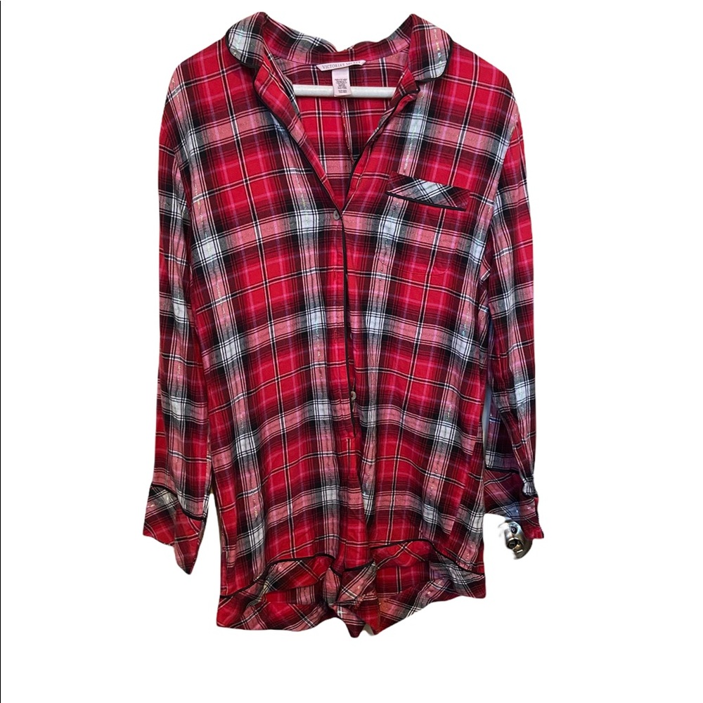 Victoria’s Secret Red Plaid With Metallic Threading Pajama Romper Size Small.